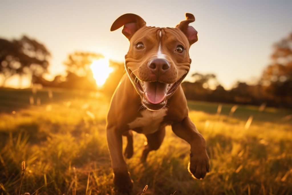 A bully breed pup running.