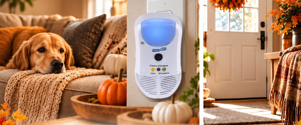 Pest Repeller Ultimate AT plugged in a cozy fall living room with a golden retriever